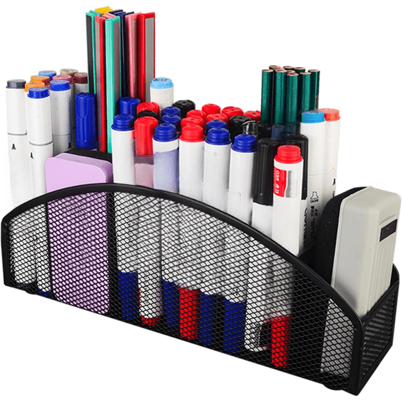 Large Magnetic Marker Holder, Heavy Duty Magnetic Whiteboard Organizer, 5 Slots Mesh Metal Magnetic Dry Erase Marker Holder Pencil Cup Caddy for Whiteboard Fridge Office (Black)$$Office