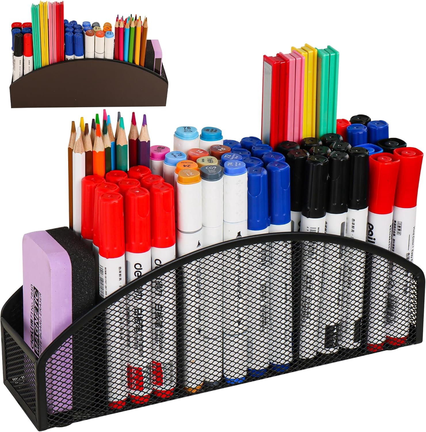 Large Magnetic Whiteboard Organizer 5-Slot Metal Mesh Dry Erase Marker Holder Heavy Duty Pencil Cup Caddy for Fridge Office Black