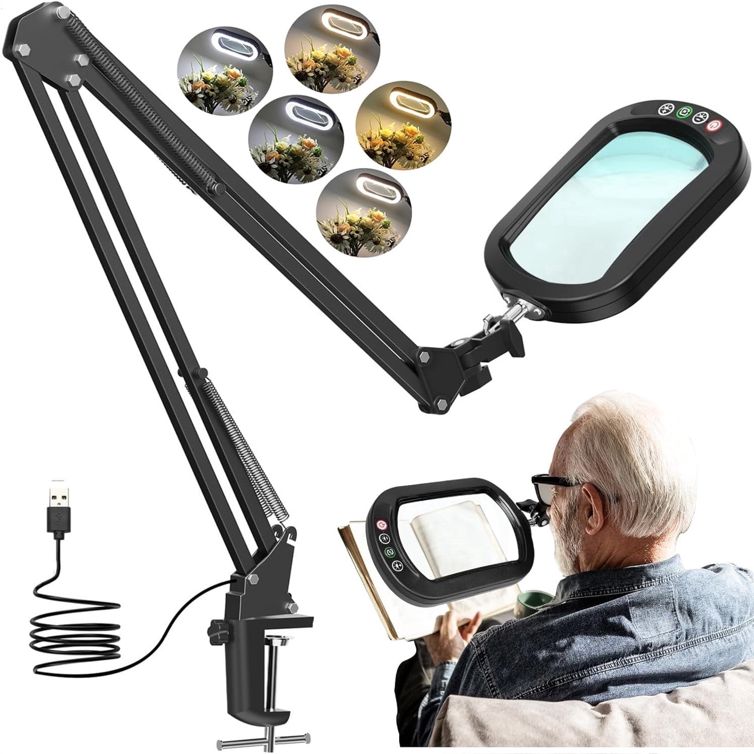 Large Magnifying Glass with Light and Clamp,  Optical Glass Lens, 5 Color Modes, Stepless Dimmable, LED 2*14 Inch Swing Arm Lighted Magnifier Hands Free for Crafts, Reading