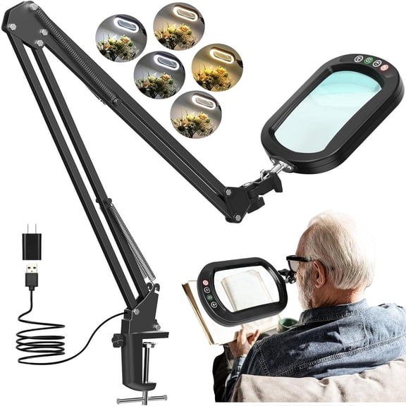 Large Magnifying Glass with Light and Clamp, Optical Glass Lens, 5 Color Modes, Stepless Dimmable, LED 2*14 Inch Swing Arm Lighted Magnifier Hands Free for Crafts, Reading