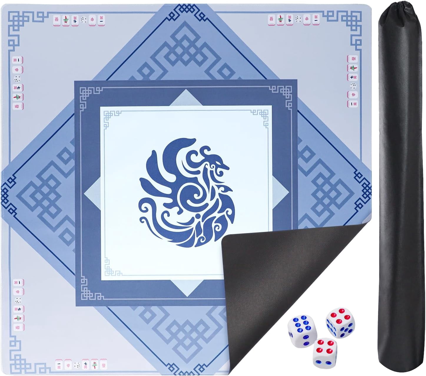 Large Mahjong Mat with Black Carrying Bag, Anti-Slip and Noise Reduction Table Cover for Mahjong, Poker, Card Games, Dominoes, Board Games (Blue, 31.5 inches)