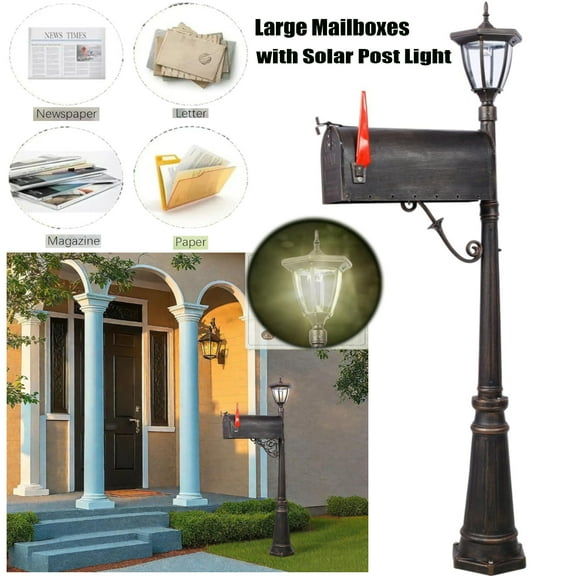 Large Mailbox with Post &Solar Lights Combo, Stratford Heavy Duty Cast Aluminum Mailboxes for Outside,Decorative Modern Mail Box for Homes
