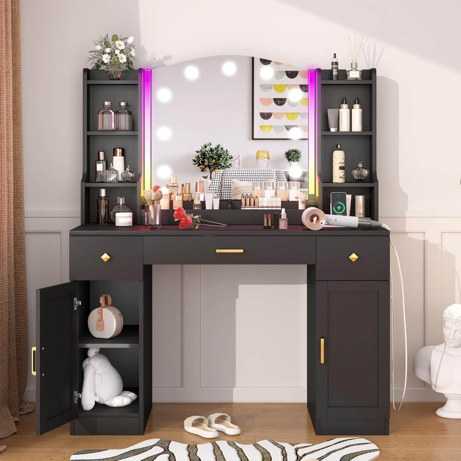 Large Make up Vanity Desk with Mirror and Lights,3 Lights Mode and