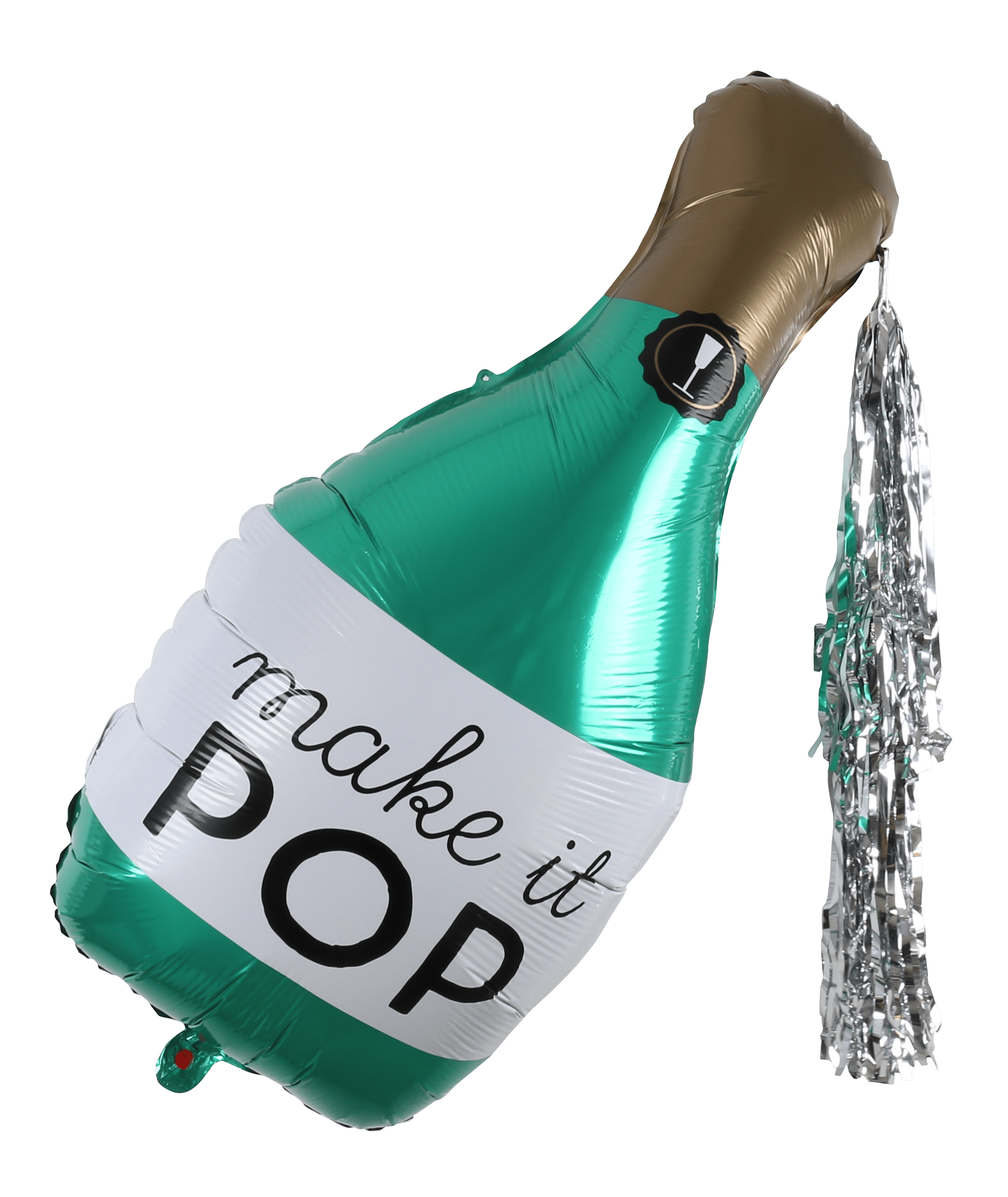 Large "Make it Pop" Champagne Bottle Foil Balloon with Silver Tassel