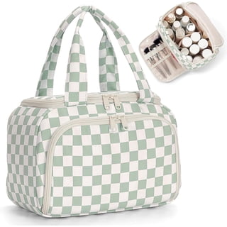 Large Makeup Bag Checkered Travel Toiletry Bag for Women, Wide-open Cosmetic Make up Organizer with Handle, Wet Pocket, Travel Bag for Toiletries