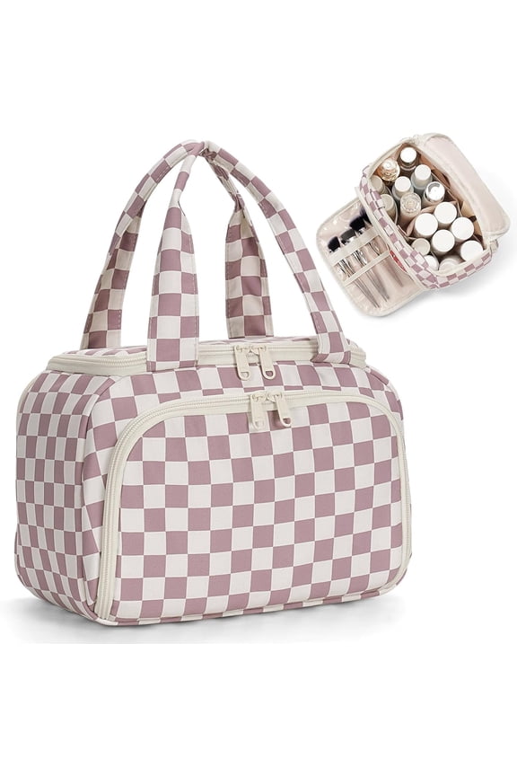 Large Makeup Bag Checkered Travel Toiletry Bag for Women, Wide-open Cosmetic Make up Organizer with Handle, Wet Pocket, Travel Bag for Toiletries