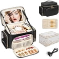 thumbnail image 1 of Large Makeup Bag with LED Mirror, Travel Makeup Bag Organizer for Women Girls with Makeup Brush Compartment & Two Side Pockets, 3 Color Lights  Toiletry Bag- Leather Black, 1 of 7