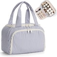 thumbnail image 1 of Large Makeup Bag Travel Toiletry Bag for Women, Wide-open Cosmetic Make up Organizer with Handle, Wet Pocket, Travel Bag for Toiletries, Blue Stripe, 1 of 10
