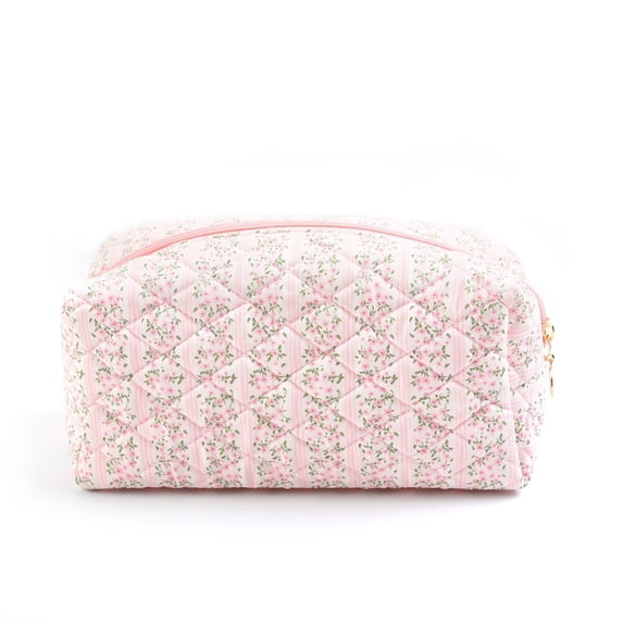 Large Makeup Bag for Women, Floral Cosmetic Pouch with Bow Detail, Travel Toiletry Bag for Skincare & Beauty Essentials, Zippered Organizer for Vanity & Bathroom Countertop