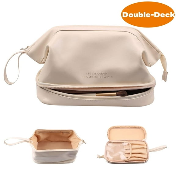 Large Makeup Bag for Travel, Double Layer Cosmetic Bag, Portable Leather Toiletry Bag for Women, White