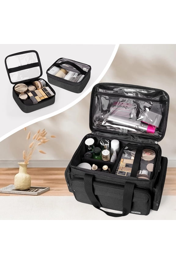 Large Makeup Bag with 2 Removable Pouches and Detachable Dividers, Black