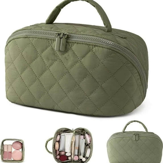 Large Makeup Bag with Puffy Padded Compartments, Water-Resistant Lay-Flat Cosmetic Organizer for Women