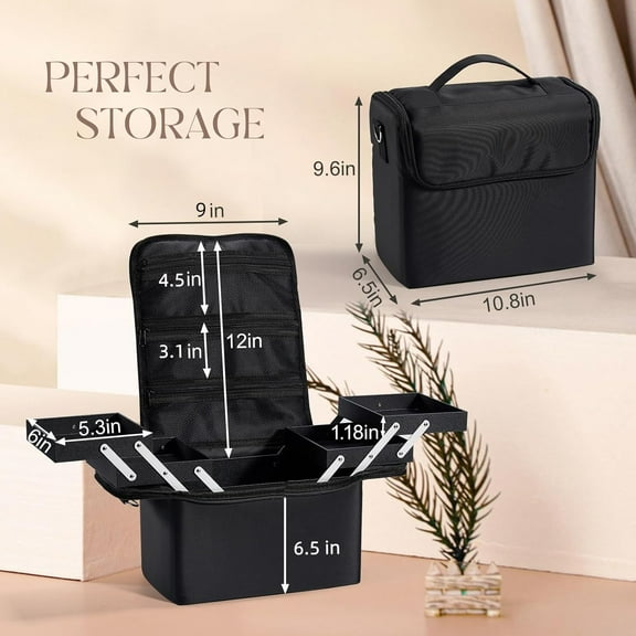 Large Makeup Case with 4 Tier, Travel Nail Bag Organizer, Black for Women, Tattoo, Eyelash Extension,