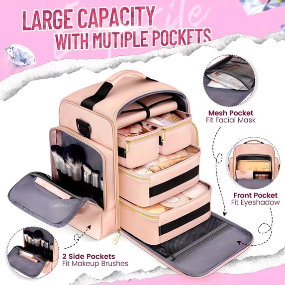 Large Makeup Cosmetic Bag with 2 Removable Case, Double Layer Travel Makeup Organizer Case, travel Toiletry Bag For Women