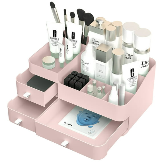 Large Makeup Organizer, Cosmetic Storage Box with Drawer, Elegant Vanity Holder for Lipstick, Brushes,Skincare, Lotions, Perfumes, Eyeshadow, Nail Polish, Pink