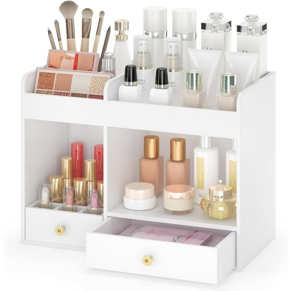 Large Makeup Organizer with Drawers, Bamboo Countertop Cosmetic Storage for Dresser Vanity Organizer Beauty Desk Skincare Holders Container Make Up Organizing for Lipstick