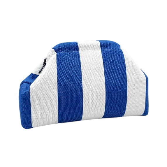 Large Makeup Organizer with Knitted Fabric and Zipper Closure, Blue and White Striped, for Travel and Daily Storage, Cosmetic Organizer