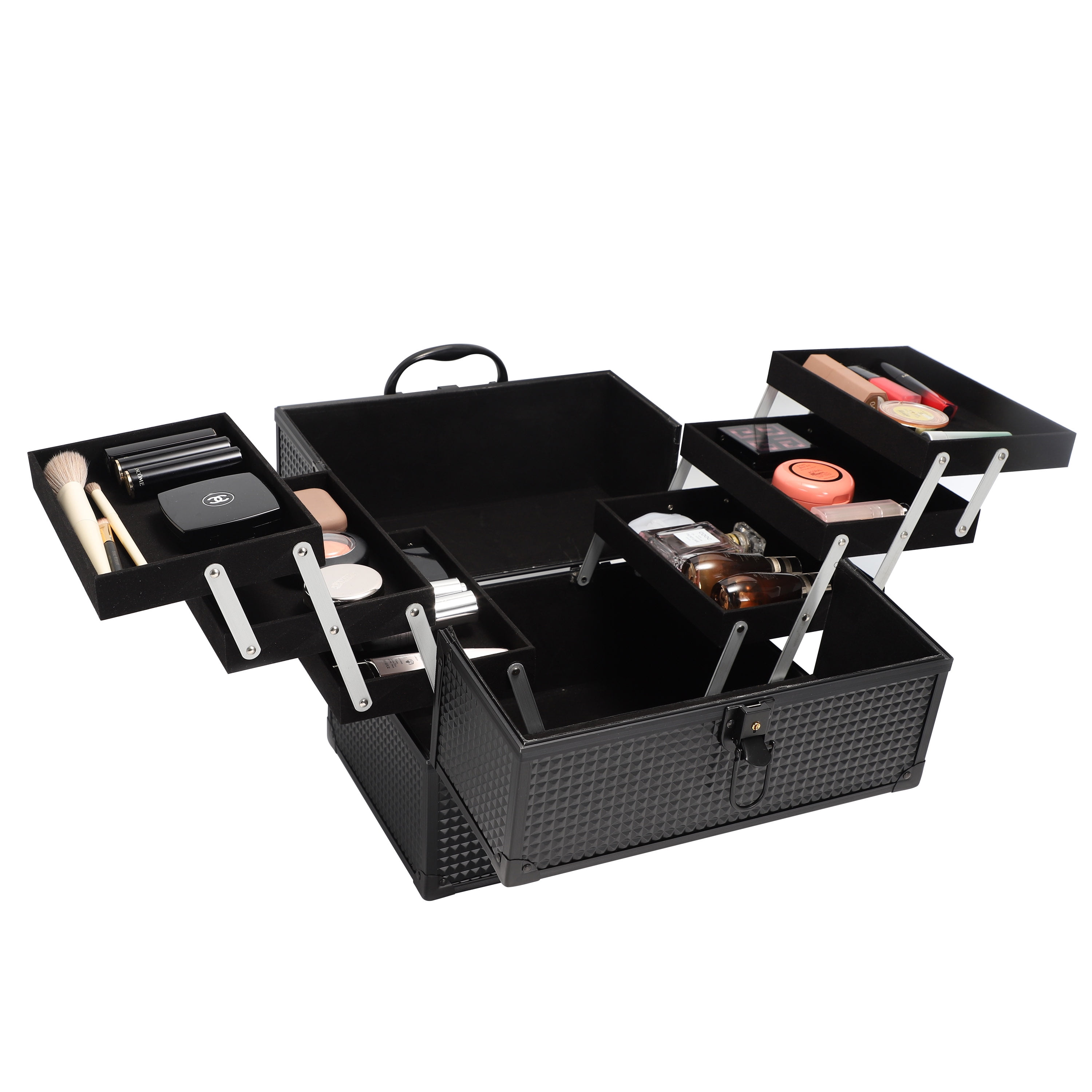 Free Shipping! Walmart Large Matte Black Makeup Train Case with 6