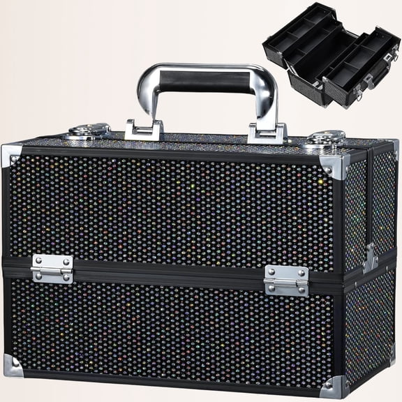 Large Makeup Train Case, Professional 4 Trays Cosmetic Storage Organizer Box with Lock & Adjustable Compartments for Nail, Accessories, Skincare, Black