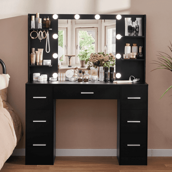 Large Makeup Vanity Desk with LED Lighted Mirror & Power Outlet, Vanity Table with 7 Drawers, 4 Shelves and 5 Hooks, Vanity Table, Vanity Desk for Bedroom, Living Room, Black