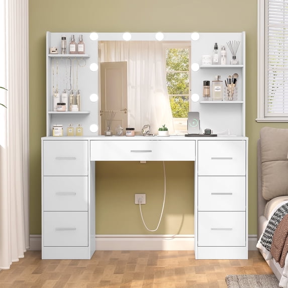 Large Makeup Vanity Desk with LED Lighted Mirror & Power Outlet, Vanity Table with 7 Drawers, 4 Shelves and 5 Hooks, Vanity Table, Vanity Desk for Bedroom, Living Room, White