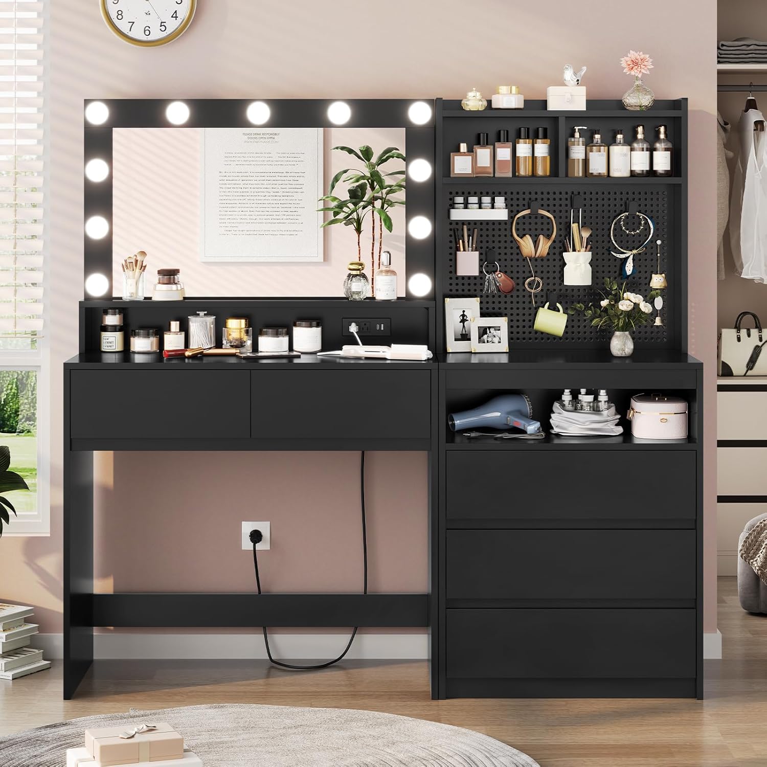 Large Makeup Vanity with Hollywood Mirror & DIY Pegboard 5 Hooks Vanity