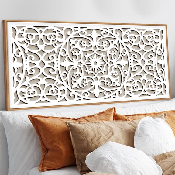 Large Mandala Wooden Wall Art Framed Modern Geometric Wall Decor White Flower Wall Sculpture Minimalist Hollow-out Artwork over the Bed for Living Room Bedroom Office 16X32 In