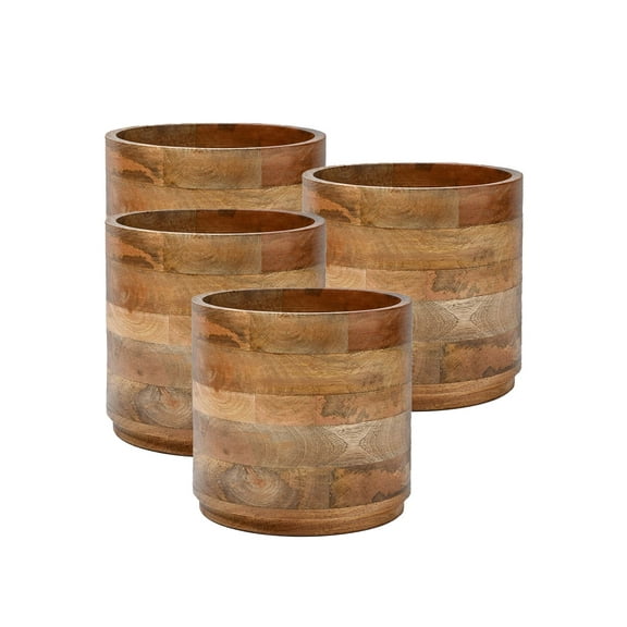 Large Mango Wood Cachepot for Plants - 9" Diameter & 8.5" Tall, Set of 4