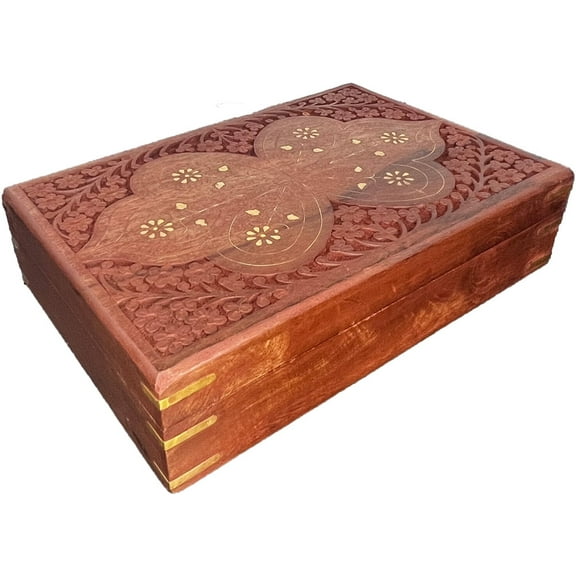 Large Mango Wood Engraved Box with Brass Inlays