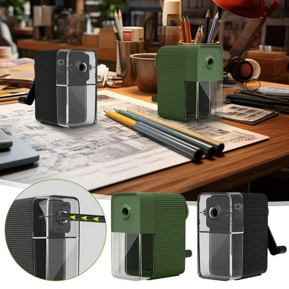 Large Manual Pencil Sharpener | Hand Crank Stainless Steel Blade | Adjustable Thickness 5 Settings | Auto Pencil Feeding | For Thick Rods, Triangular, Colored Pencils | Large Waste Bin | 6.5-12mm