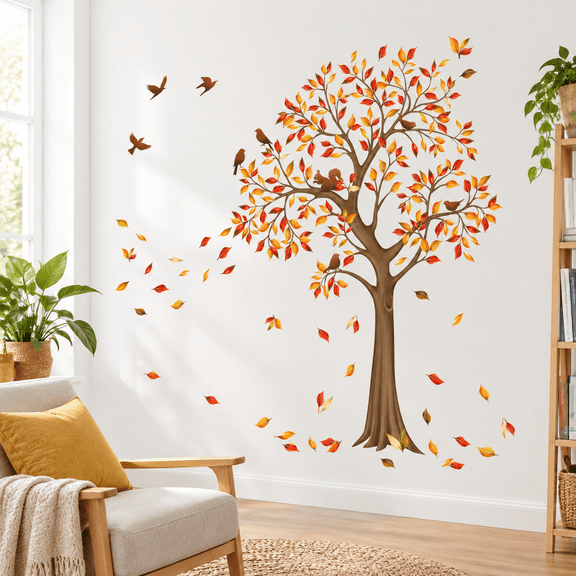 Large Maple Tree Leaves and Birds Wall Decal Stickers, XL Size