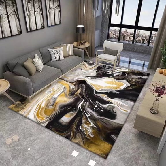 Large Marble Black & Gold Area Rug For Bedroom Living Room Rugs Non Slip Abstract Water Wave Pattern Home Decorations 4' x 5'