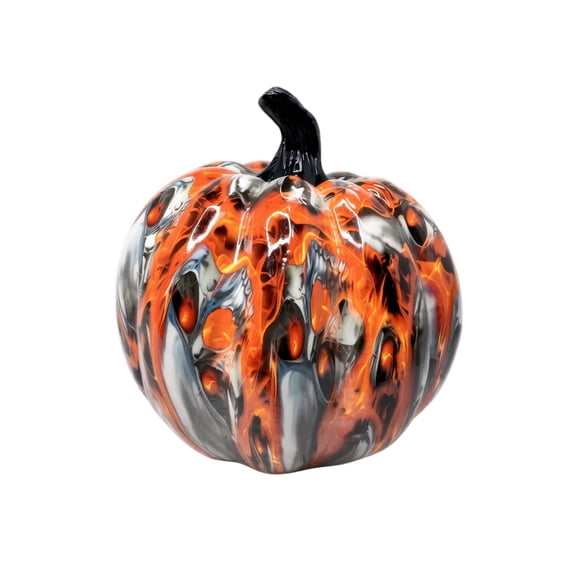 Large Marbled Halloween Pumpkin Ornament, 6.3 x 6.3 x 6.3 in, Resin Skull Style Decor for Desktop Table Mantel Display