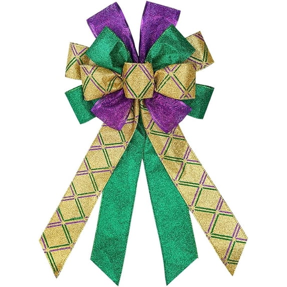 Large Mardi Gras Bow for Wreath, Purple Green Gold Gitter Stripe Bow for Mardi Gras Decoration - Sequin Bow for Front Door Indoor Outdoor Wall Mardi Gras Party Supplies Ornament