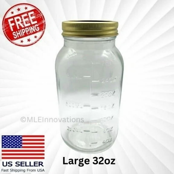 ? Large Mason Jar Measuring Cup Canning Clear Glasses W/ Gold Lid & Ring - 32 Oz