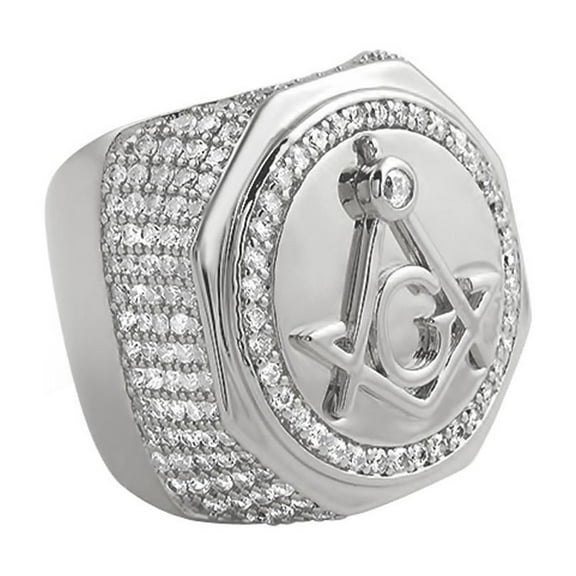 Large Masonic Rhodium CZ Mens Ring