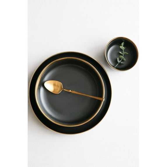 Large Matte Black Ceramic Bowl with Hand-Applied Gold Rim – 7.4" Set of 2 | Luxury Collection