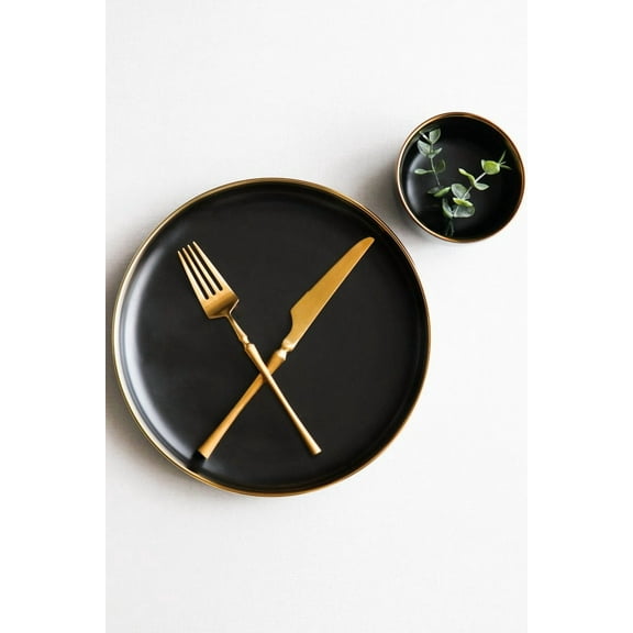 Large Matte Black Ceramic Plate with Gold Rim 10.6" | Luxury Collection