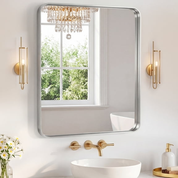 Large Matte Metal Framed Bathroom Mirror 30x48 Inch, Wall Rounded Rectangle Mirror for Over Sink, Modern Vanity Mirror for Living Room Bedroom Decor