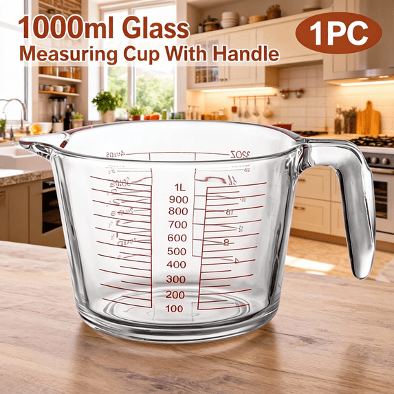 Large Measuring Cup for Kitchen - 1000ml Heatproof Borosilicate Glass Jug with Handle,Microwave Oven Dishwasher Safe,Clear Measurement for Baking Cooking,Durable Tool