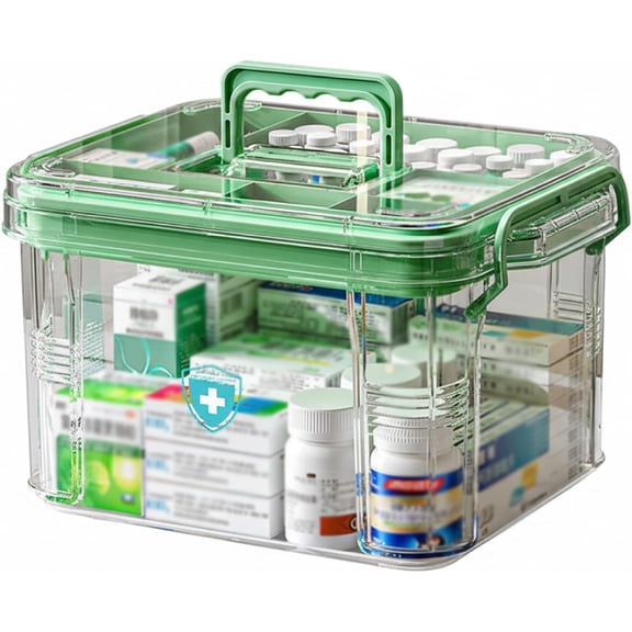 Large Medicine Box, Double-layer Lockable Organizer, Transparent Green, Home First Aid