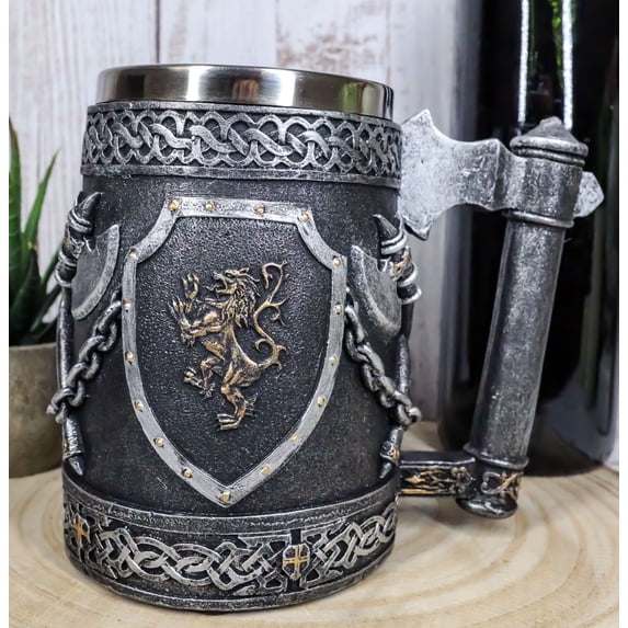Large Medieval Coat Of Arms English Lion Heraldry Shields And Crossed Axes Mug