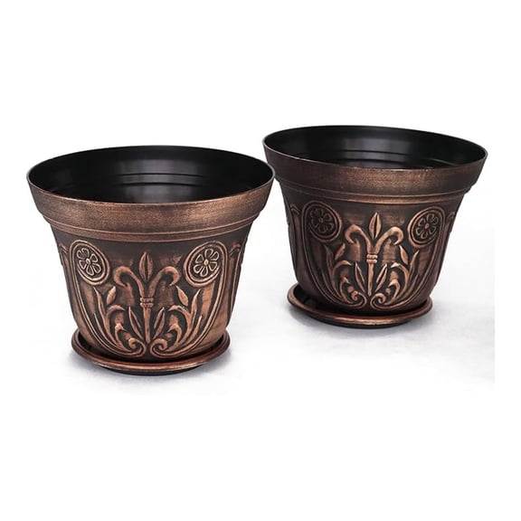 Large Medieval Flowerpots, Set of 2 Planter and 2 Saucers (4 Pieces) for Garden Patio Office Ornaments Home Decor Long Lasting Reusable Light Weight (Copper)