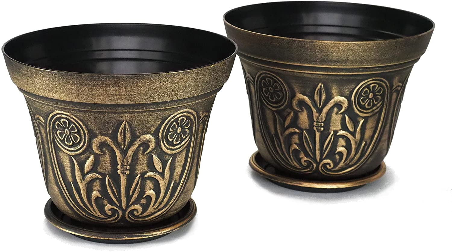Large Medieval Plastic Flowerpots, Set of 2 Planter and 2 Saucers (4 Pieces) for Garden Patio Office Ornaments Home Decor Long Lasting Reusable Light Weight