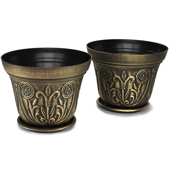 Large Medieval Plastic Flowerpots, Set of 2 Planter and 2 Saucers (4 Pieces) for Garden Patio Office Ornaments Home Decor Long Lasting Reusable Light Weight