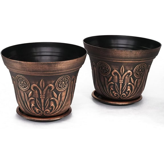 Large Medieval Plastic Flowerpots, Set of 2 Planter and 2 Saucers (4 Pieces) for Garden Patio Office Ornaments Home Decor Long Lasting Reusable Light Weight