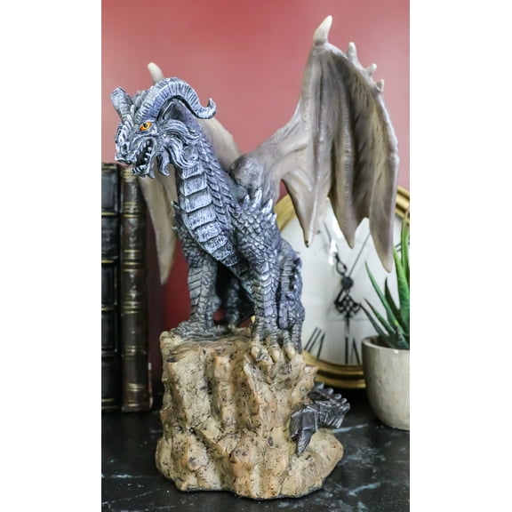 Large Medieval Sentry Abraxas Black Dragon Standing On Stump Rock Statue 9.25"H