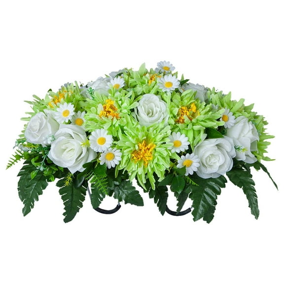 Large Memorial Flower Saddle for Headstones - Artificial Cemetery Rose and Chrysanthemum Arrangements, Durable Outdoor Grave Decorations and Tombstone Floral Tribute