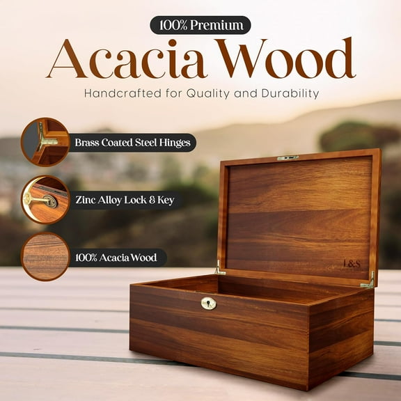 Large Memory Box For Keepsakes Acacia Wood Decorative Storage With Hinged Lid And Locking