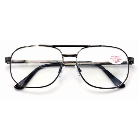 Large Men Metal Bifocal Reading Glasses - Clear Lens Reader - Spring Hinge - High Power +5.00